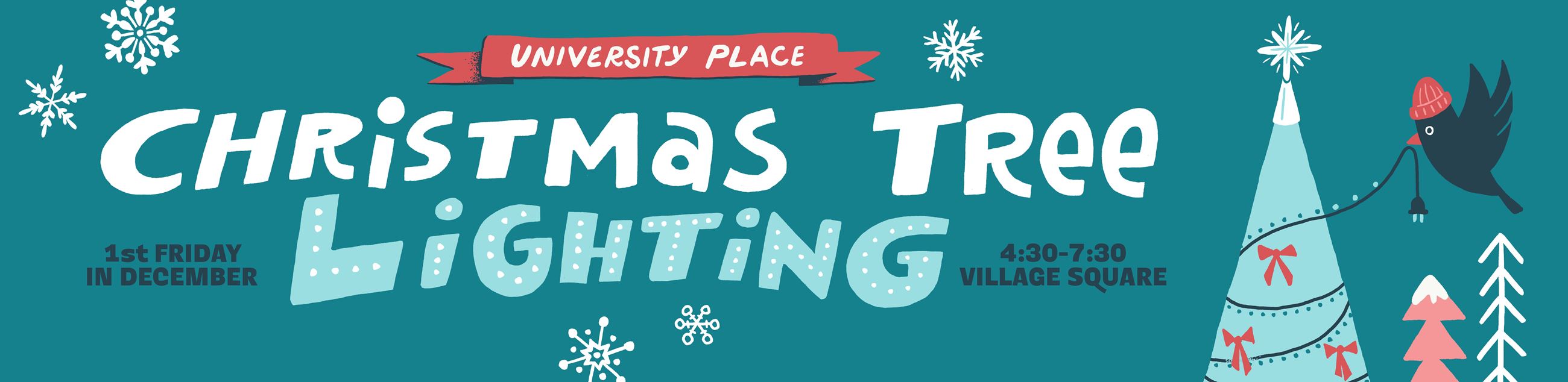 Small bird stringing lights on a tree on the right of the words Christmas Tree Lighting